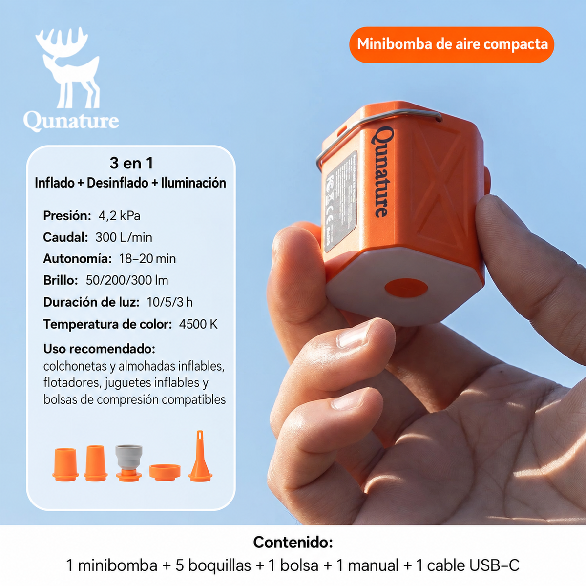 Inflador eléctrico portátil Qunature 2.0 con luz de camping