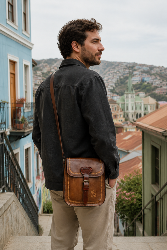 Morral mediano artesanal de cuero natural con hebilla